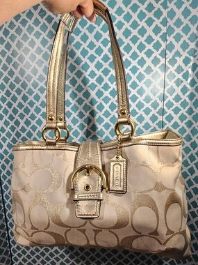 Coach Metallic Signature Jacquard Tote in Champagne Gold W Buckle Closure